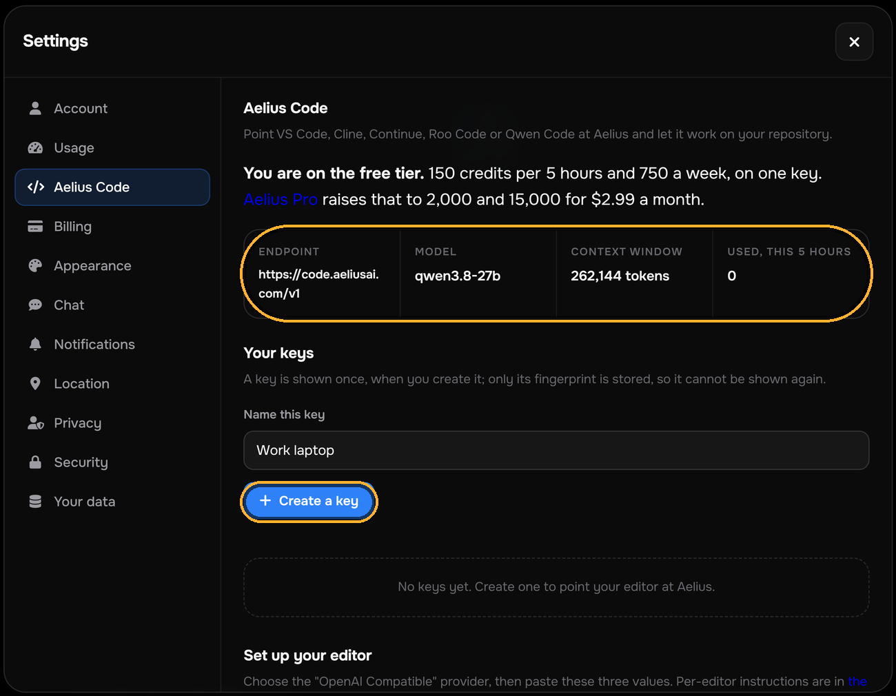 The Aelius Code settings panel, with the endpoint facts and the Create a key button circled