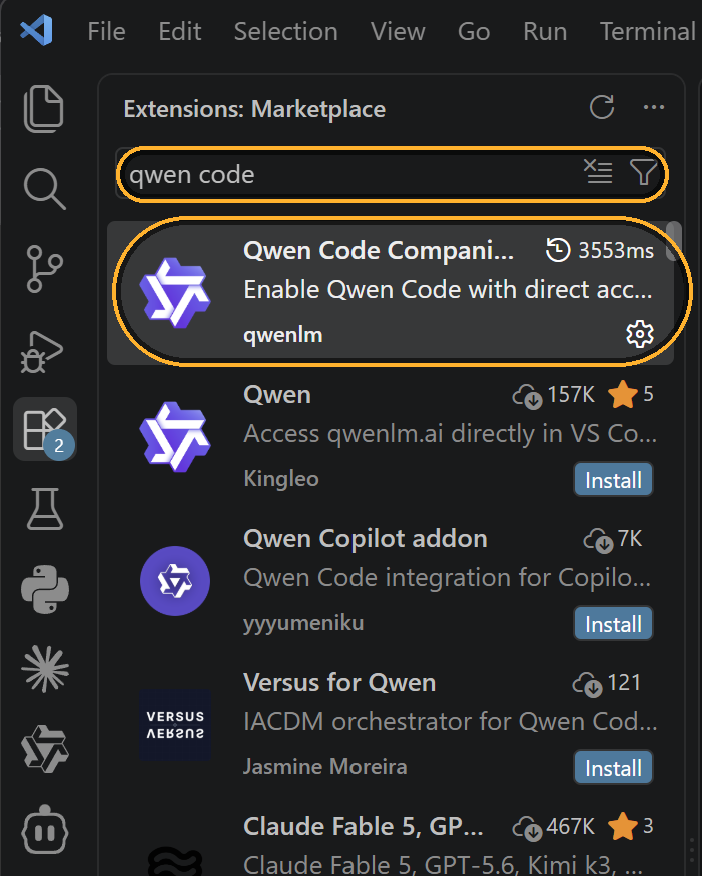 Marketplace results for qwen code, with the search box and the Qwen Code Companion result circled