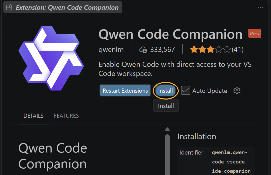 The Qwen Code Companion extension page with the Install button circled