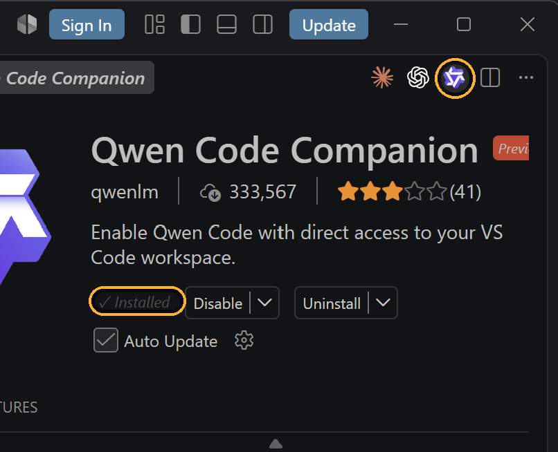 The installed extension, with the Installed label and the Qwen toolbar icon circled