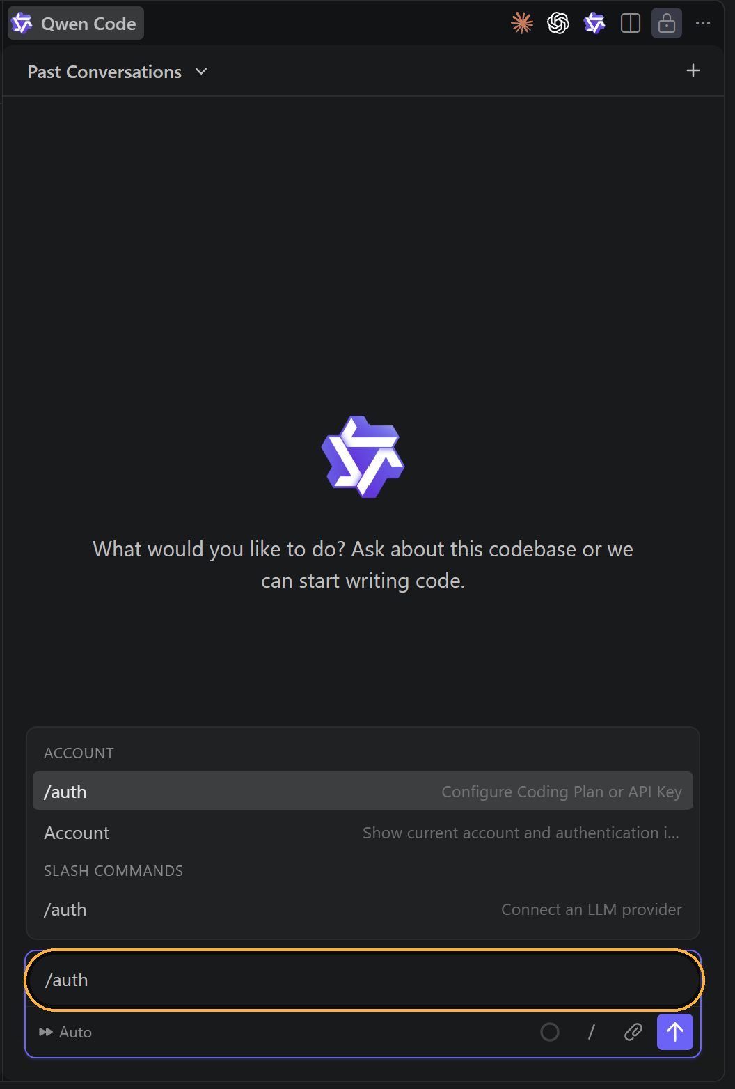 The Qwen Code panel with /auth typed into the message box, circled