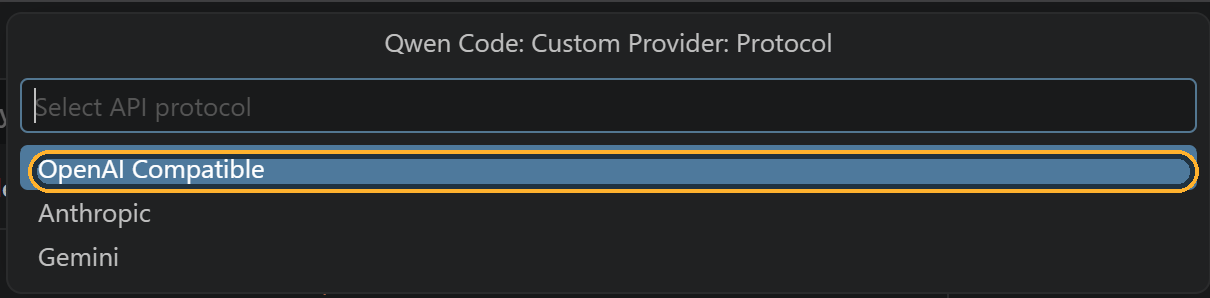 The protocol prompt with OpenAI Compatible circled