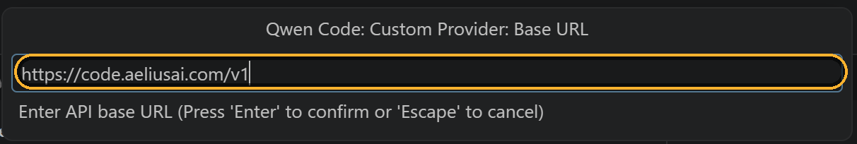 The Base URL prompt containing the Aelius Code endpoint, circled