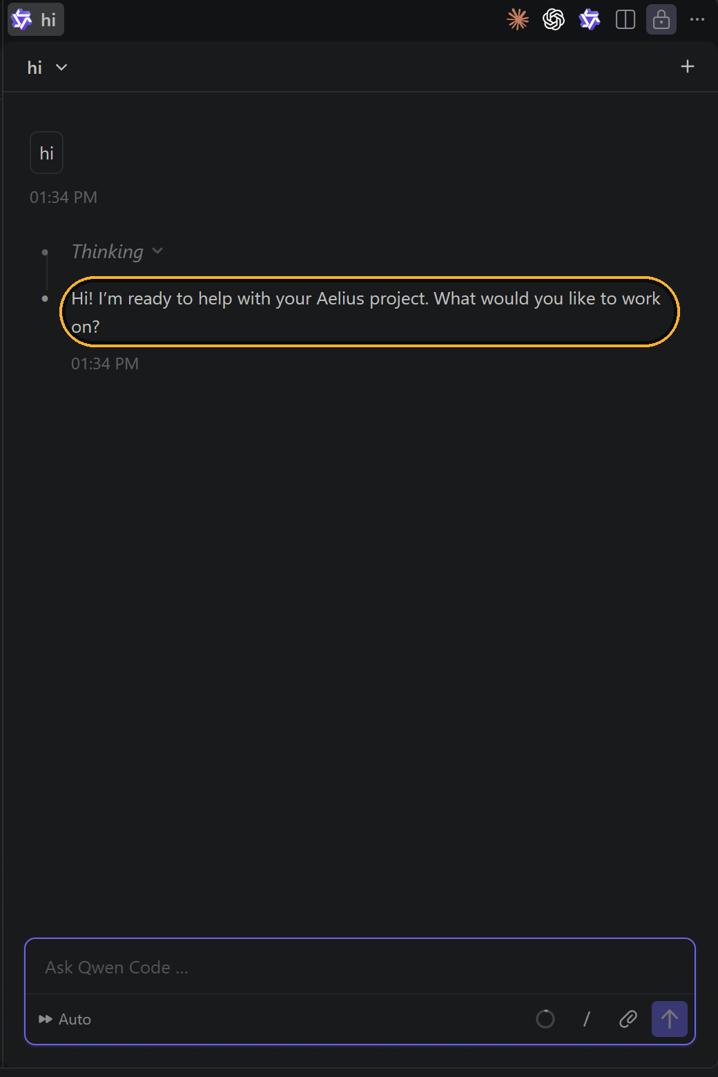 The Qwen Code panel answering a message, with the reply circled